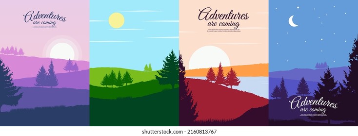 Set of abstract vector landscapes. Natural silhouettes of tree. Design for background, wallpaper, banner, tourism card. 