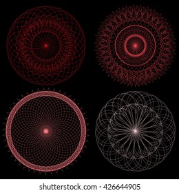 Set of abstract vector line drawing spirograph guilloche shapes isolated on black background