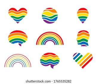 Set of abstract vector logo, icons, signs, symbols: rainbow, human head profile, brain, speech, message, heart, circle. Trending unique colorful logo design. Illustration, identity for business.