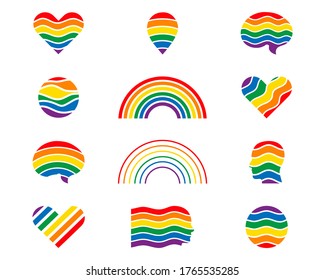Set of abstract vector logo, icons, signs, symbols: rainbow, human head profile, brain, speech, message, heart, circle. Trending unique colorful logo design. Illustration, identity for business.