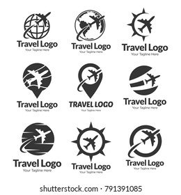Set of Abstract vector logo for travel agency. Global travel vector logo sign in Black White Color