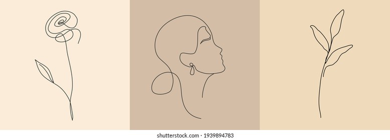 A set of abstract vector logos in a trendy style featuring a woman's face and flowers, perfect for social media, wall designs, covers.