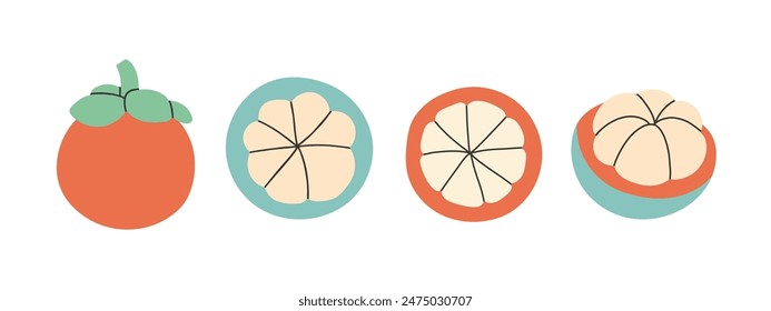 Set of abstract vector mangosteen. Simple mangosteen. Tropical fruit collection design for interior, poster, banner. 