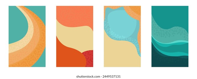 Set of abstract vector minimalistic summer posters with natural landscape: sea, sun, beach. Collection of posters for travel, vacation, summer parties.Texture delicate poster templates.