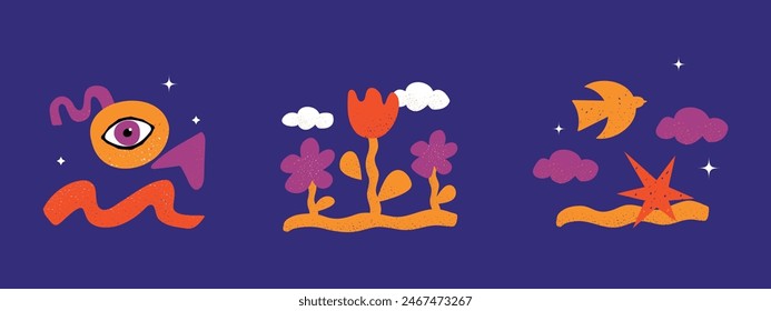 A set of abstract vector noisy shapes for website design and presentation. Compositions of flowers, clouds, eyes, birds and stars.
