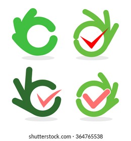 Set of abstract vector okay signs. Green and pink collection of gesture symbols. Logo set. Check icons. Tick images.