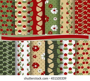 Set of abstract vector paper with decorative shapes and design elements for scrapbook. Ornamental  flowers, mushrooms, berries. 