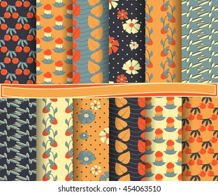 Set of abstract vector paper with decorative shapes and design elements for scrapbook. Ornamental  flowers, mushrooms, berries. 