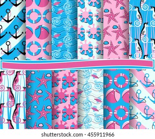 set of abstract vector paper with decorative shapes and design elements for scrapbook. Marine symbols