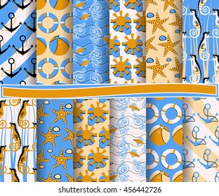 set of abstract vector paper with decorative shapes and design elements for scrapbook. Marine symbols