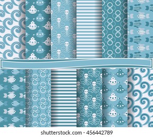 set of abstract vector paper with decorative shapes and design elements for scrapbook. Marine symbols