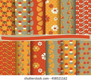 Set of abstract vector paper with decorative shapes and design elements for scrapbook. Ornamental  flowers, mushrooms, berries. 