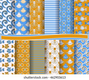 set of abstract vector paper with decorative shapes and design elements for scrapbook. Marine symbols