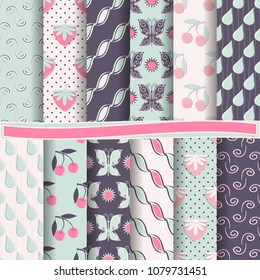 set of abstract vector paper with abstract figures, cherries, strawberries and design elements for scrapbook 