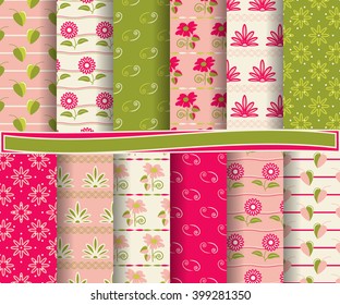 set of abstract vector paper with floral patterns and decorative elements for scrapbook
