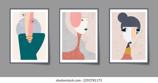 Set of abstract vector, person, woman or girl face. Illustration minimal doodle portrait. Modern contemporary wall art, graphic design geometric shape for fashion, artwork, poster, print, background