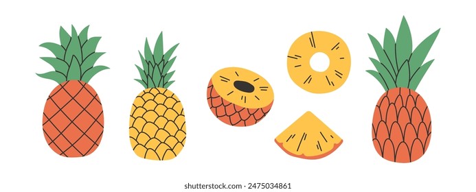 Set of abstract vector pineapple. Simple pineapple. Tropical fruit collection design for interior, poster, banner. 