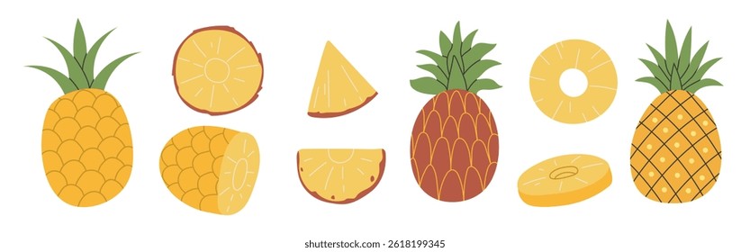 Set of abstract vector pineapples. Simple pineapple. Organic fruit for juice, smoothie or healthy food. Fruit collection design for interior, poster, banner. Vector