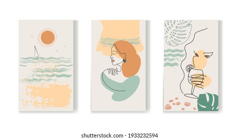 A set of abstract vector posters. Drawing lines and color spots of leaves, women, sea, botany, fruit, cocktails with abstract forms of minimalistic and natural wall art. Vector illustration