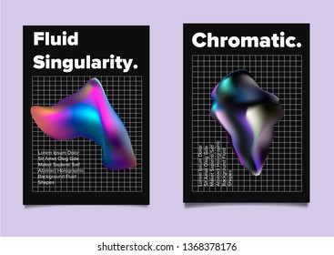 Set of abstract vector posters with geometric composition of vibrant chromatic oily distorted and glitched 3d shapes. Minimal unique vaporwave futuristic cover design template for party event.