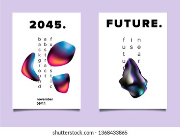 Set of abstract vector posters with geometric composition of vibrant chromatic oily 3d shapes. Minimal unique vaporwave futuristic cover design template for party event.