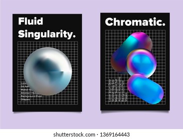 Set of abstract vector posters with geometric composition of vibrant chromatic oily 3d shapes. Minimal unique vaporwave futuristic cover design template for party event.