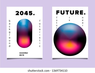 Set of abstract vector posters with geometric composition of vibrant chromatic oily 3d shapes. Minimal unique vaporwave futuristic cover design template for party event.