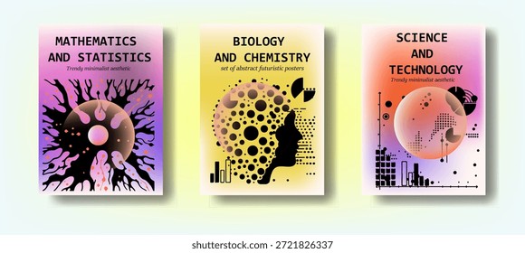Conjunto de pôsteres vetoriais abstratos com gradientes, formas geométricas e orgânicas representando matemática, biologia, ciência e tecnologia. Ilustração vetorial conceitual para temas educacionais e científicos.