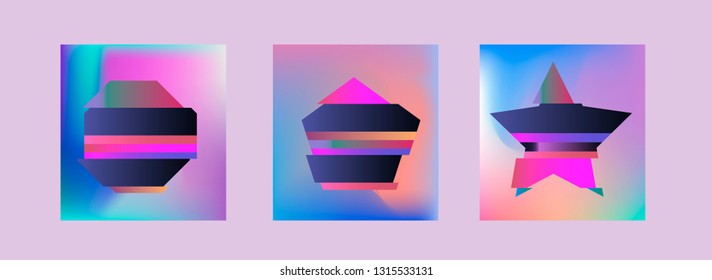 Set of abstract vector posters with holographic texture and glitched geometric figures.