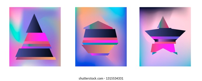 Set of abstract vector posters with holographic texture and glitched geometric figures.