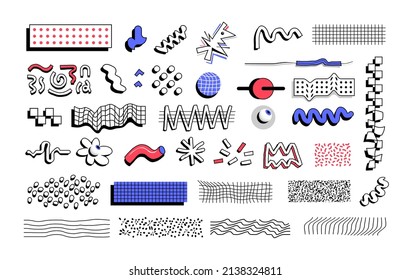 Set of abstract vector quirky memphis style shape objects and textures