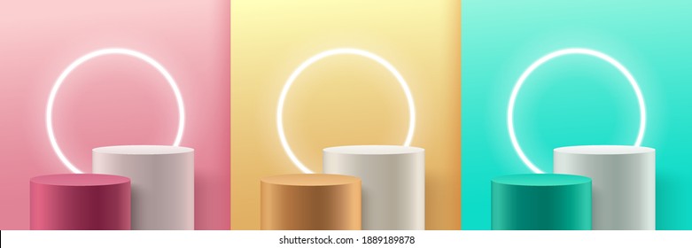 Set of abstract vector rendering 3d shape for placing the product with copy space. Modern white pink green and yellow round podium with neon circular background. Vector illustration