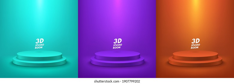 Set of abstract vector rendering 3d shape for placing the product display with copy space. Modern green purple and dark orange round podium with empty room background. Vector illustration