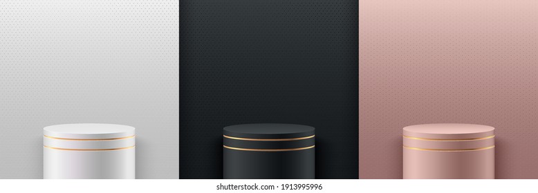 Set of abstract vector rendering 3d shape for cosmetic product display presentation. Luxury pink gold, white and black cylinder pedestal or stand podium with glitter texture wall scene background.