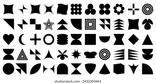 Set of abstract vector retro geometric shapes. A collection of modern shapes, stars, flowers, glitter, circles in a groovy 70s style. Shapes of geometric design elements.