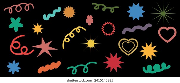 Set of abstract vector retro shapes. Retro vector stickers. A collection of modern shapes, fun colors, bubbles, stars, loops with wavy and spiral elements in a trendy cartoon style from the 70s, 90s.