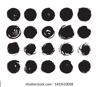 Set Of Abstract Vector Round Brush Strokes. Monochrome Hand Drawn Dots. Grunge Background, Emblem, Logo Texture.