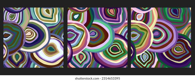 Set of abstract vector seamless color patterns. Spot, drop, oval, slice, layered texture. Crazy, psychedelic design. For print, design, fabric, wallpaper, paper, etc.