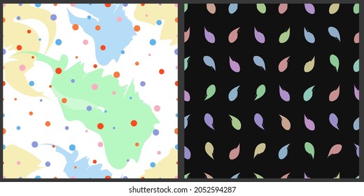Set of abstract vector seamless patterns. Multi-colored spots and circles. In pastel color on an isolated dark and light background. 