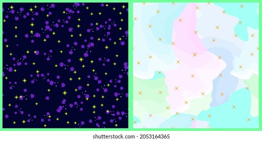 Set of abstract vector seamless patterns. Purple spots and yellow stars on the background of abstract brush strokes on a dark isolated background. Unique texture for the background. 