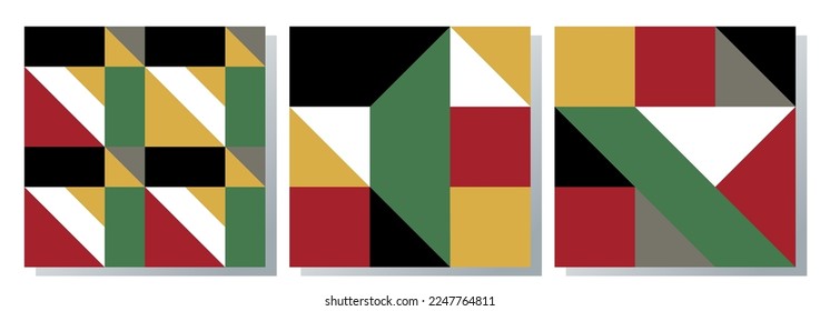 Set of abstract vector seamless patterns design. Black history month. geometric shapes in green, red, yellow colors. Minimalist art poster for web banner, branding, fashion, fabric prints