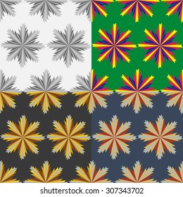 A set of abstract vector seamless patterns of colored snowflakes
