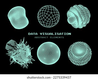 Set of abstract vector spheres and blobs made of mesh. Parametric design and generative art elements.