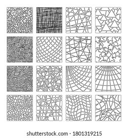 Conjunto de mosaicos abstractos vectoriales de vidrio teñido para libro de colorantes. Blanco y negro.