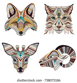 Set of Abstract Vector tattoo illustrations. Fox, lynx, roe and ram ethnic patterned totem.  T-shirt print, bag, postcard, poster. African / indian design