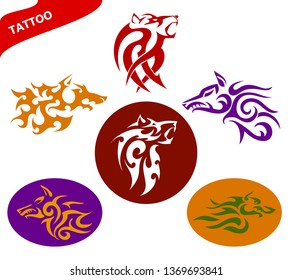 Set abstract vector tattoo of a wicked strong wolf on a white background. Angry beast with bared fangs. Stock illustration