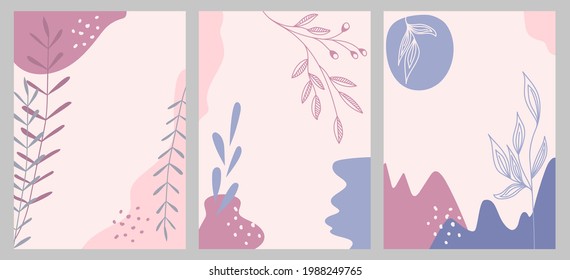 Set of abstract vector templates with floral elements on a pink background. Modern design for social media, greeting cards, covers.