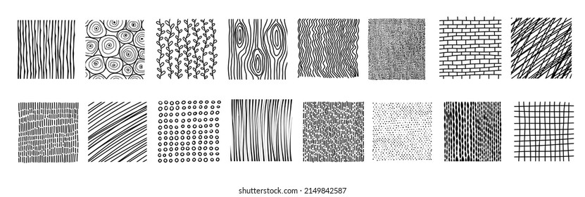 Set of Abstract Vector Textures. Backgrounds with dots, lines, waves, curves, circles and stripes in Doodle style. Geometric elements