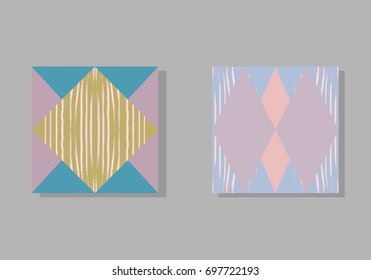 Set of Abstract Vector tiles with geometric collages of shapes and freehand brush strokes. Pastel and gold. Creative Artistic Patterns. Universal Backgrounds