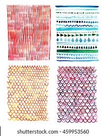 Set of abstract vector watercolor textures: pink stripes; teal blue tribal patterns; yellow and purple scales